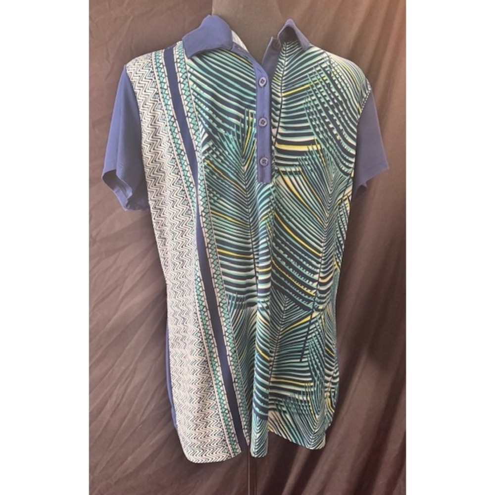 EP New York Golf Polo Shirt Womens XL Blue Tropical Palm Print Short Sleeve Top